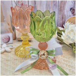 Bomboniera Comunione e Matrimonio Portacandela Tulipano in Vetro Lavorato con Scatola