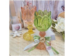 Bomboniera Comunione e Matrimonio Portacandela Tulipano in Vetro Lavorato con Scatola