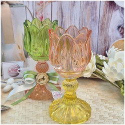 Bomboniera Comunione e Matrimonio Portacandela Tulipano in Vetro Lavorato con Scatola