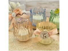 Bomboniera Matrimonio e Comunione Candela in Vetro Fiore di Luce Colorato con Scatola Regalo