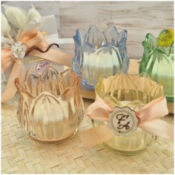 Bomboniera Matrimonio e Comunione Candela in Vetro Fiore di Luce Colorato con Scatola Regalo