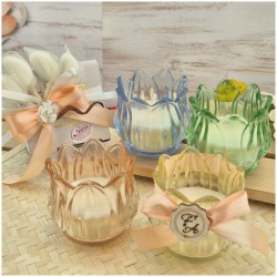 Bomboniera Matrimonio e Comunione Candela in Vetro Fiore di Luce Colorato con Scatola Regalo