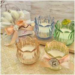 Bomboniera Matrimonio e Comunione Candela in Vetro Fiore di Luce Colorato con Scatola Regalo