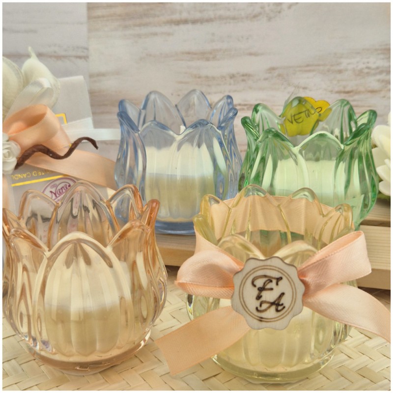 Bomboniera Matrimonio e Comunione Candela in Vetro Fiore di Luce Colorato con Scatola Regalo