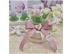 Bomboniera Comunione e 18 Anni Candela Tulipano in Fiore su Cappelliera con Iniziale