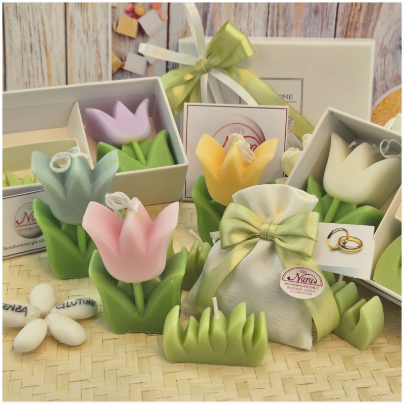 Bomboniera Matrimonio e Comunione Set Spring Box con Candela Tulipano Media e Sacchetto