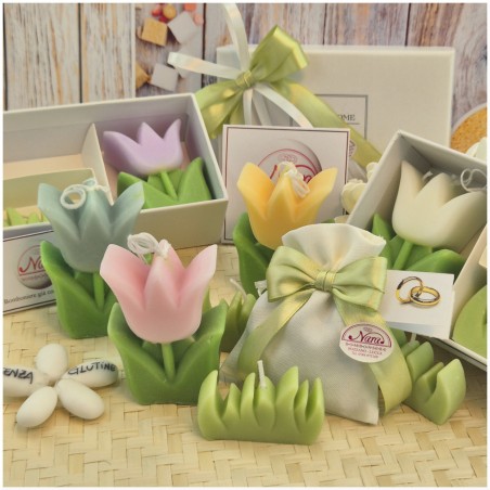 Bomboniera Matrimonio e Comunione Set "Spring Box" con Candela Tulipano Media e Sacchetto