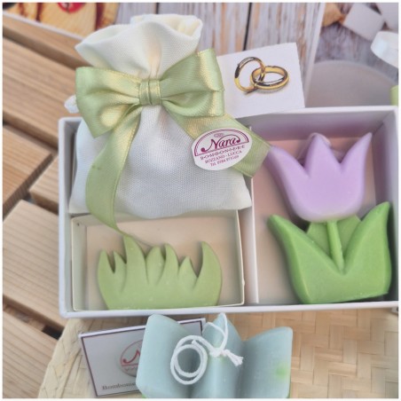 Bomboniera Matrimonio e Comunione Set "Spring Box" con Candela Tulipano Grande e Sacchetto