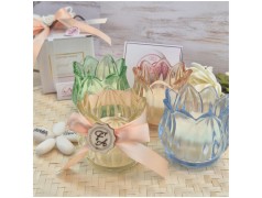 Bomboniera Matrimonio e Comunione Candela in Vetro Fiore di Luce Colorato con Scatola Regalo