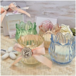 Bomboniera Matrimonio e Comunione Candela in Vetro Fiore di Luce Colorato con Scatola Regalo