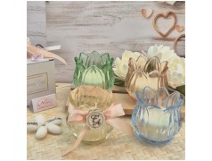 Bomboniera Matrimonio e Comunione Candela in Vetro Fiore di Luce Colorato con Scatola Regalo