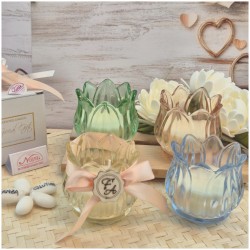 Bomboniera Matrimonio e Comunione Candela in Vetro Fiore di Luce Colorato con Scatola Regalo