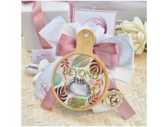 Bomboniera Utile Apribottiglie Tagliere Tropical - Design Foglie Oro e Rosa con Iniziali Personalizzate