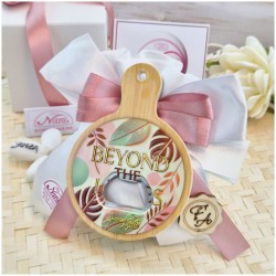 Bomboniera Utile Apribottiglie Tagliere Tropical - Design Foglie Oro e Rosa con Iniziali Personalizzate