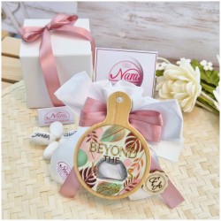 Bomboniera Utile Apribottiglie Tagliere Tropical - Design Foglie Oro e Rosa con Iniziali Personalizzate