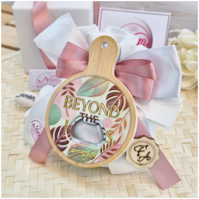 Bomboniera Utile Apribottiglie Tagliere Tropical - Design Foglie Oro e Rosa con Iniziali Personalizzate