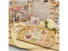 Bomboniera Matrimonio Utile "Vassoio Tropical Deluxe" in Legno con Manici e Stampa Oro - Scatola Coordinata