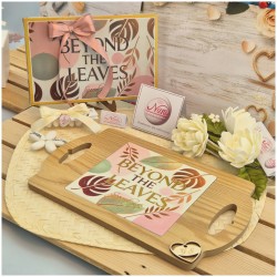 Bomboniera Matrimonio Utile "Vassoio Tropical Deluxe" in Legno con Manici e Stampa Oro - Scatola Coordinata