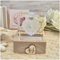 Bomboniera Matrimonio Lampada Led "Cubo d'Amore" - Cristallo 3D con Cuore di Rose e Iniziali