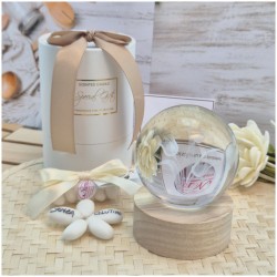 Bomboniera Lampada Led Sfera di Luce in Cristallo 3D con Tulipani e Scatola Cilindrica