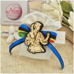 Bomboniera Cresima e Comunione Judo & Karate Girl Sacchetto con Atleta in Legno e Nastri Olimpici