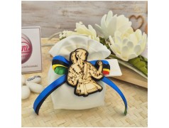 Bomboniera Cresima e Comunione Judo & Karate Girl Sacchetto con Atleta in Legno e Nastri Olimpici