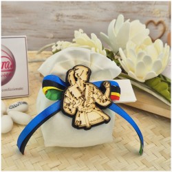 Bomboniera Cresima e Comunione Judo & Karate Girl Sacchetto con Atleta in Legno e Nastri Olimpici