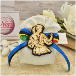 Bomboniera Cresima e Comunione Judo & Karate Girl Sacchetto con Atleta in Legno e Nastri Olimpici