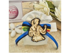 Bomboniera Cresima e Comunione Judo & Karate Girl Sacchetto con Atleta in Legno e Nastri Olimpici