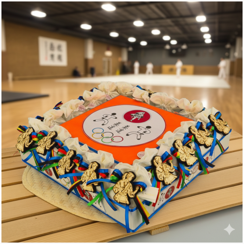 Torta Bomboniera Comunione e Cresima Judo & Karate con Kimono in Legno Personalizzato e Nastri Olimpici