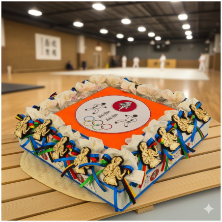 Torta Bomboniera Comunione e Cresima "Judo & Karate" con Kimono in Legno Personalizzato e Nastri Olimpici