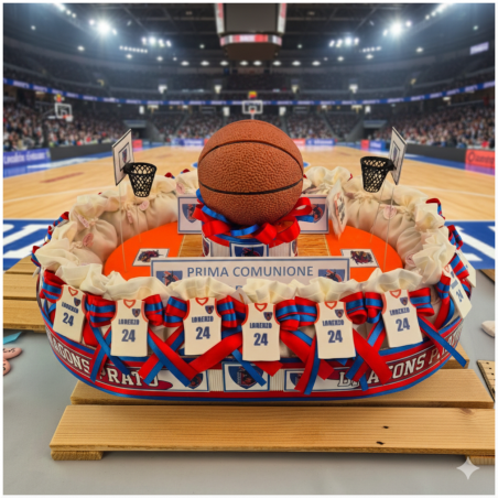 Torta Bomboniera Comunione "Basket NBA" con Maglia Personalizzata e Campo Centrale con Canestri