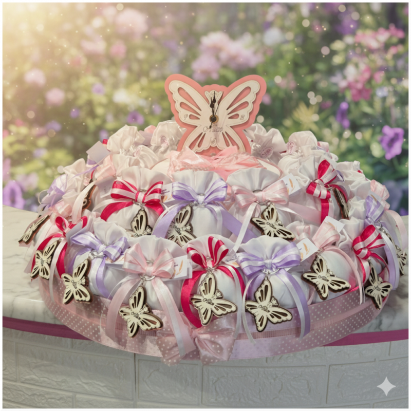 Torta Bomboniera Battesimo e Comunione Volo di Farfalle Multicolor con Orologio Centrale in Legno