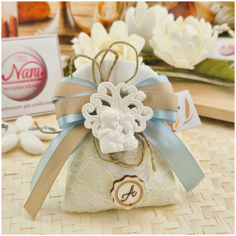 Bomboniera Prima Comunione Sacchetto Juta Bimbo Albero della Vita e Iniziale