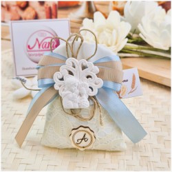 Bomboniera Prima Comunione Sacchetto Juta Bimbo Albero della Vita e Iniziale