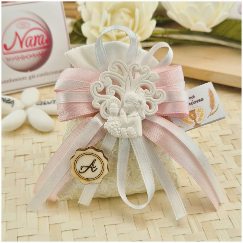 Bomboniera Prima Comunione Sacchetto Juta Bimba Albero della Vita e Iniziale