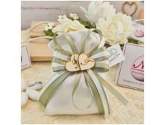 Bomboniera Promessa di Matrimonio Sacchetto Raso con Nastro Bicolore VerdeBianco e Cuori
