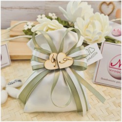 Bomboniera Promessa di Matrimonio Sacchetto Raso con Nastro Bicolore VerdeBianco e Cuori