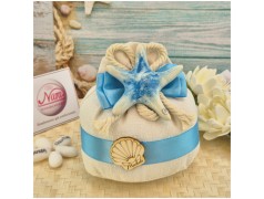 Bomboniera Tema Mare Sacchetto Pouf Sabbia con Stella Marina Ceramica e Corda Nautica