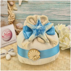 Bomboniera Tema Mare Sacchetto Pouf Sabbia con Stella Marina Ceramica e Corda Nautica