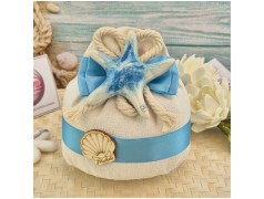 Bomboniera Tema Mare Sacchetto Pouf Sabbia con Stella Marina Ceramica e Corda Nautica