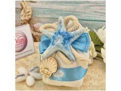 Bomboniera Battesimo e Comunione Sacchetto Navy Sabbia con Stella Marina Blu e Conchiglia Legno