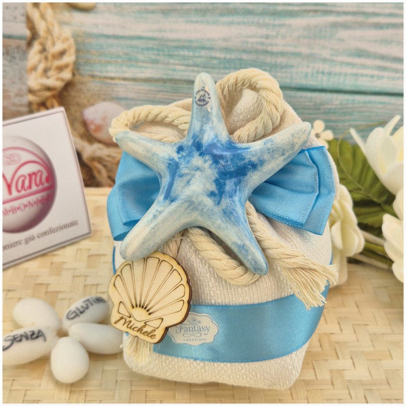 Bomboniera Battesimo e Comunione Sacchetto Navy Sabbia con Stella Marina Blu e Conchiglia Legno