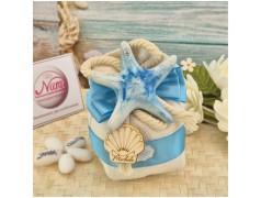 Bomboniera Battesimo e Comunione Sacchetto Navy Sabbia con Stella Marina Blu e Conchiglia Legno