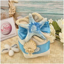 Bomboniera Battesimo e Comunione Sacchetto Navy Sabbia con Stella Marina Blu e Conchiglia Legno