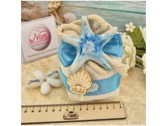 Bomboniera Battesimo e Comunione Sacchetto Navy Sabbia con Stella Marina Blu e Conchiglia Legno