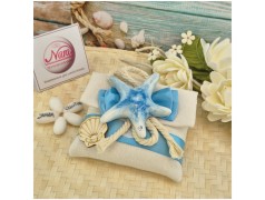 Bomboniera Tema mare Bustina Navy Sabbia con Stella Marina e Corda Nautica