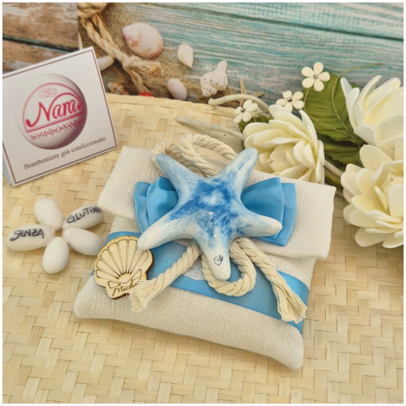 Bomboniera Tema mare Bustina Navy Sabbia con Stella Marina e Corda Nautica
