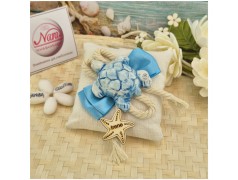Bomboniera Tema Mare Bustina Navy Sabbia con Tartaruga Ceramica e Stella Legno