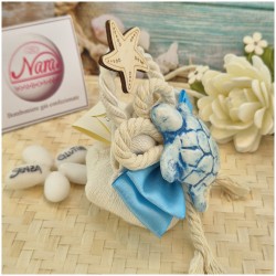 Bomboniera Tema Mare Saponetta Profumata Rivestita con Tartaruga Ceramica e Corda Nautica